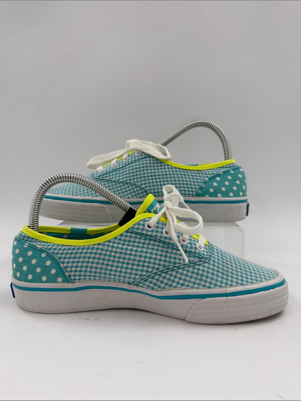 Keds Double Dutch Teal Polka Dot & Gingham Sneakers Neon Lime Trim Women's 6.5 - Picture 2 of 16